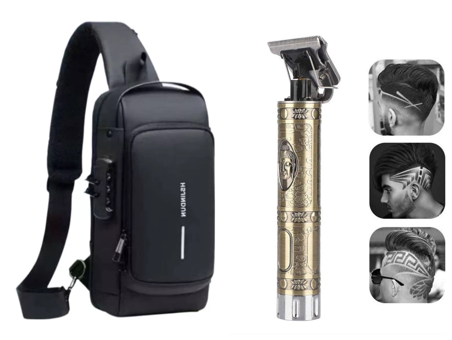 Combo Hombre Con Estilo: Bolso Antirrobo + Maquina Inalámbrica Patillera-Barbera