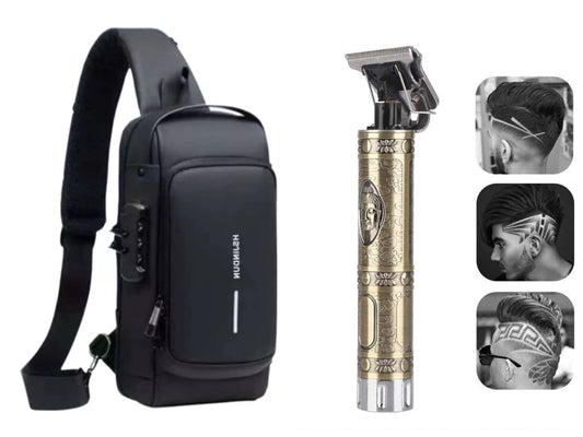Combo Hombre Con Estilo: Bolso Antirrobo + Maquina Inalámbrica Patillera-Barbera