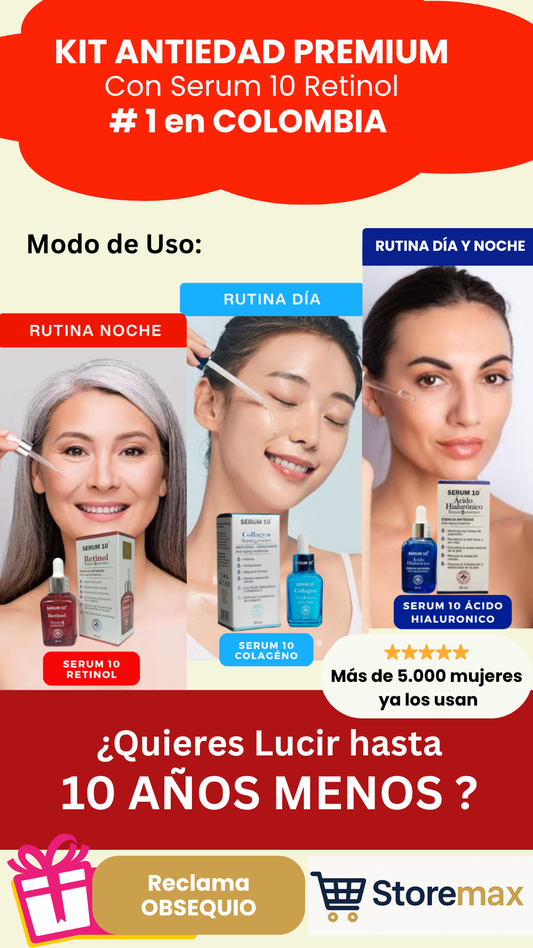 Kit  Antiedad Premium 3 serum 10: 1 Retinol + 1 Collagen + 1 Ácido Hialurónico con OBSEQUIO Limpiador Facial